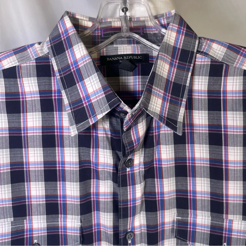 Banana Republic Men’s Plaid Long Sleeve Slim Fit Button Down Navy & Purple Large